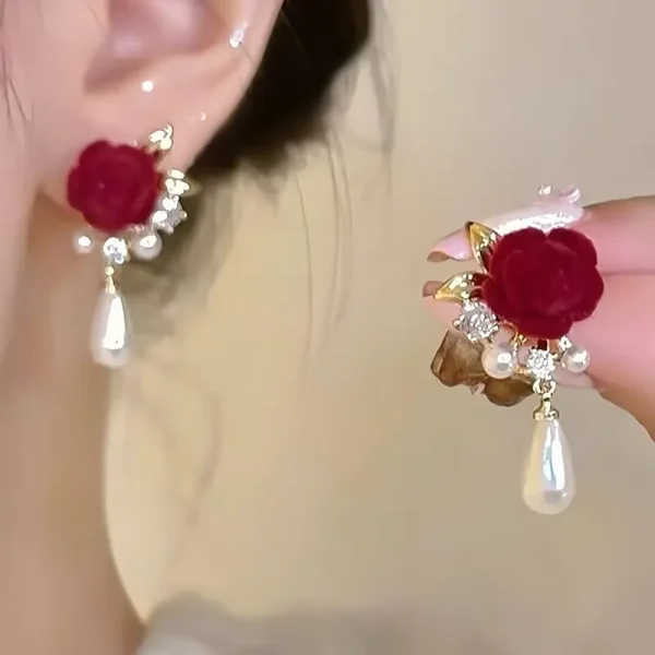 Elegant Velvet Rose Drop Earrings